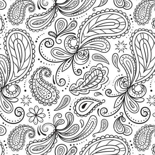 Fabric Texture Featuring Black Paisley Motifs on White Background seamless White & Black PBR texture