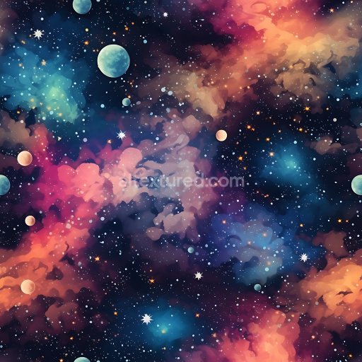 Seamless 3D PBR Space Texture Featuring Vibrant Nebula Clouds and Celestial Bodies
