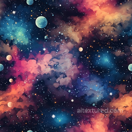 Space Texture Featuring Vibrant Nebula Clouds and Celestial Bodies seamless Star, space, planets PBR texture