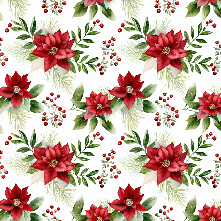 Christmas Watercolor Floral with Red Poinsettias and Greenery seamless PBR texture preview