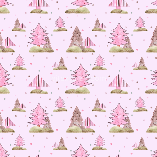 Seamless 3D PBR Digital Paper Texture Featuring Hand-Painted Pink Christmas Trees