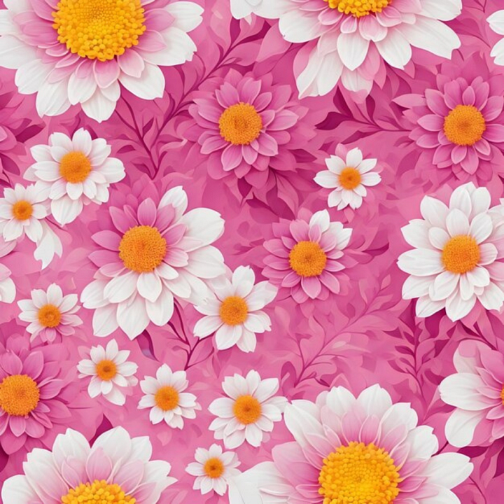 Pink Flower of Pink Floral Pattern with White and Yellow Flowers seamless PBR texture preview