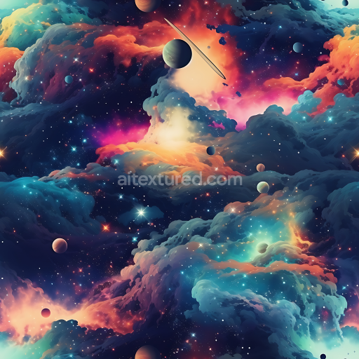 Seamless 3D PBR Space Texture Featuring Colorful Nebula Clouds and Planetary Bodies