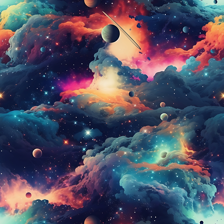 Space Featuring Colorful Nebula Clouds and Planetary Bodies seamless PBR texture preview