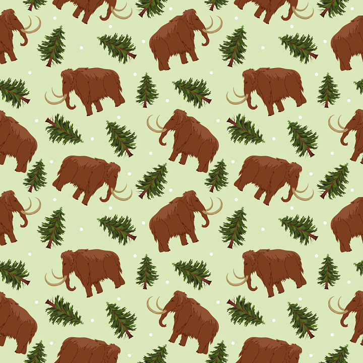 Pattern with Woolly Mammoth and Conifer Tree Motifs on Soft Green Backg… seamless PBR texture preview