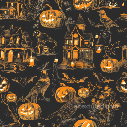 Vintage Halloween Pattern Texture with Jack-o'-Lanterns and Haunted Houses seamless Vintage Halloween PBR texture