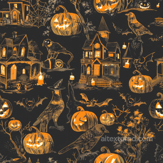 Vintage Halloween Pattern Texture with Jack-o'-Lanterns and Haunted Houses Vintage Halloween texture preview