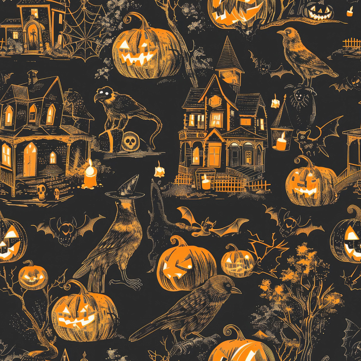 Vintage Halloween Pattern with Jack-o'-Lanterns and Haunted Houses seamless PBR texture preview
