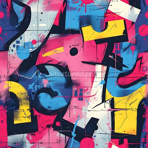 Seamless 3D PBR Texture Featuring Vibrant Abstract Graffiti Art with Pink, Blue, and Yellow Palette