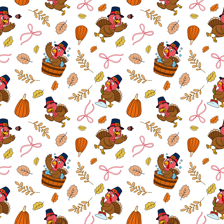 Pattern Featuring Cartoon Turkeys, Pumpkins, and Autumn Leaves seamless PBR texture preview