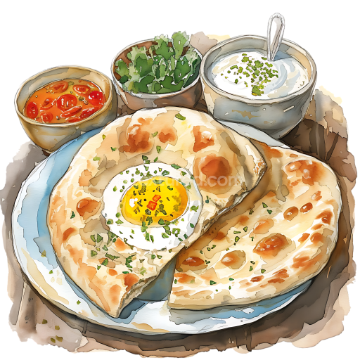 Iranian Barbari Bread Breakfast with Fried Egg and Sauces Illustration