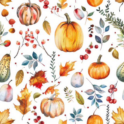 Seamless 3D PBR Texture with Watercolor Pumpkins, Autumn Leaves & Berries