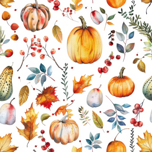 with Watercolor Pumpkins, Autumn Leaves & Berries seamless Thanksgiving PBR texture