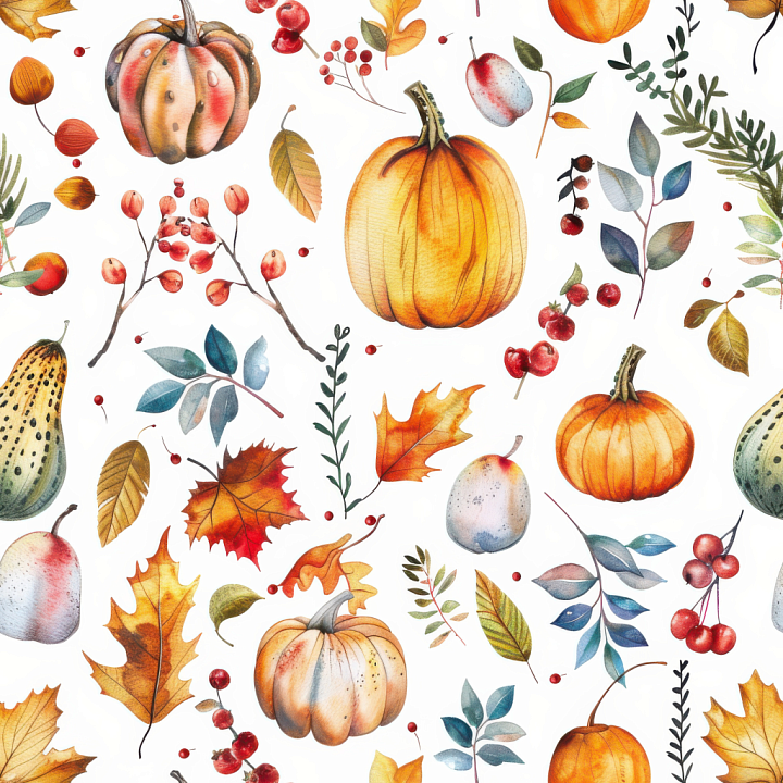 with Watercolor Pumpkins, Autumn Leaves & Berries seamless PBR texture preview