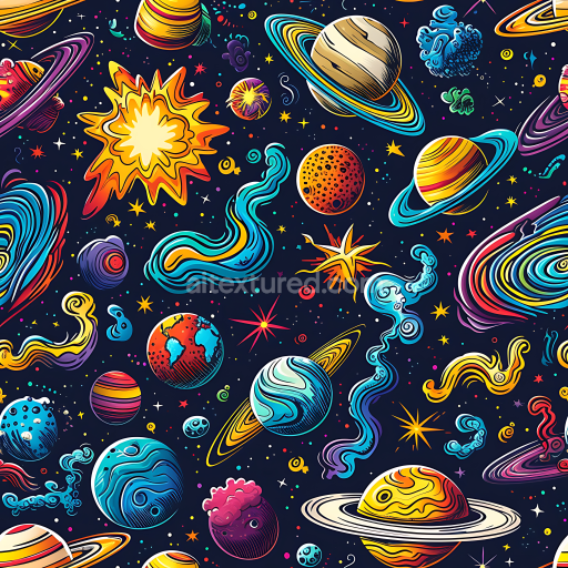 Seamless 3D Space PBR Texture Featuring Stylized Planets, Stars & Cosmic Clouds