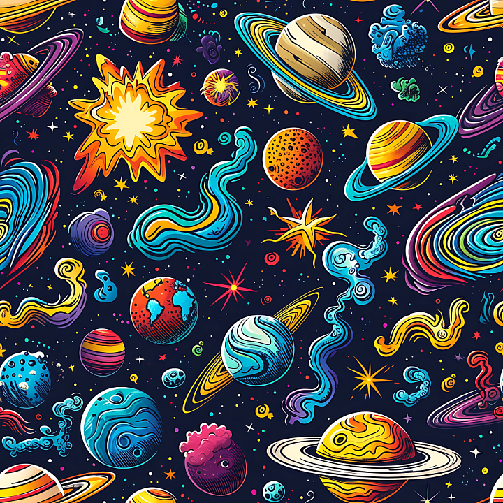 Space Featuring Stylized Planets, Stars & Cosmic Clouds seamless PBR texture preview