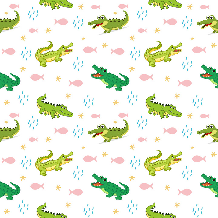 Pattern with Playful Cartoon Crocodiles and Marine Motifs seamless PBR texture preview