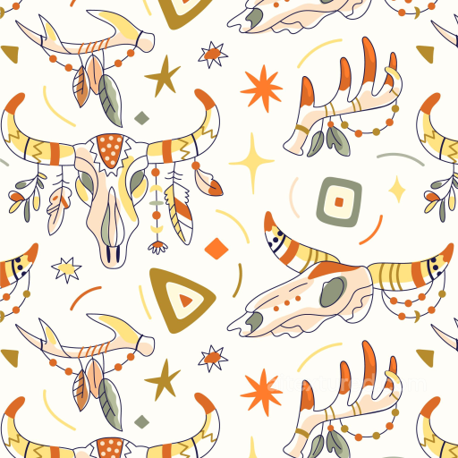 Boho Seamless Texture of Boho-Style Painted Skulls and Antlers with Abstract Shapes seamless Boho Seamless PBR texture