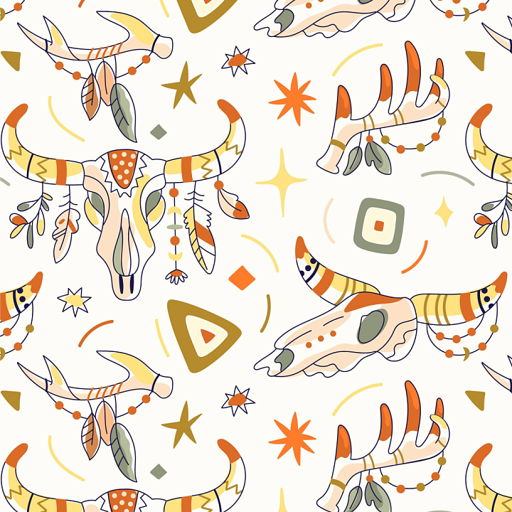 Boho of Boho-Style Painted Skulls and Antlers with Abstract Shapes seamless PBR texture preview
