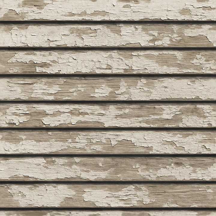 Horizontal Slats Wooden Fence With Peeling Paint And Fence Shadow seamless PBR texture preview
