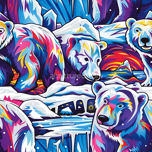 Seamless 3D PBR Graffiti Texture Featuring Vibrant Polar Bears and Arctic Landscape