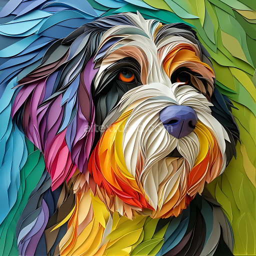 Seamless 3D PBR Texture of Stylized Bearded Collie Fur in Multicolor Origami Style