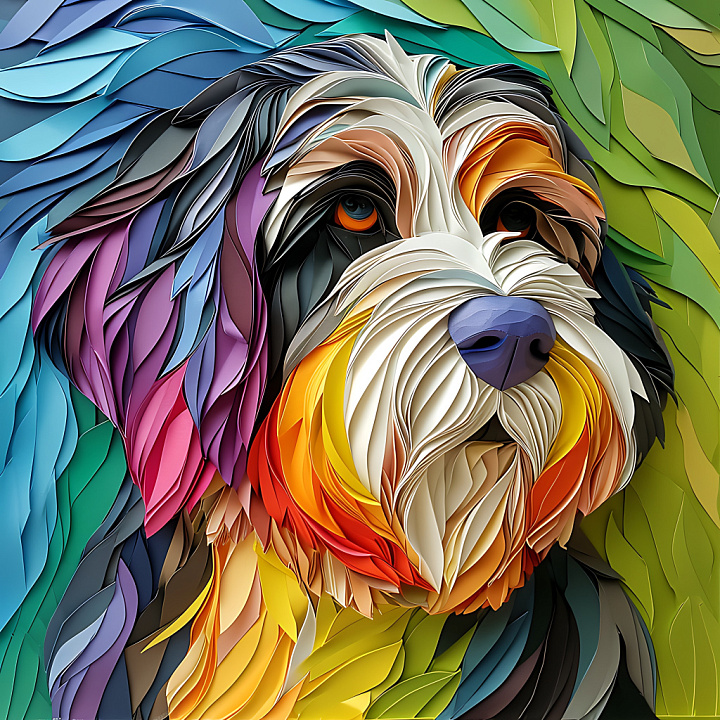 Animal of Stylized Bearded Collie Fur in Multicolor Origami Style seamless PBR texture preview