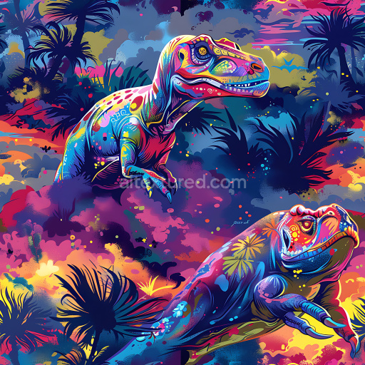 Seamless 3D PBR Graffiti Texture Featuring Colorful Dinosaur Illustrations in a Jungle Scene