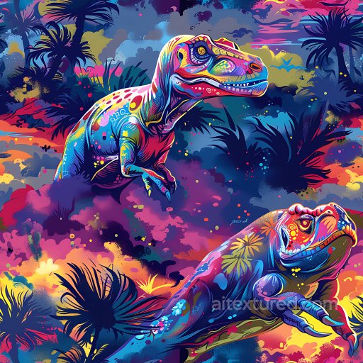Seamless 3D PBR Graffiti Texture Featuring Colorful Dinosaur Illustrations in a Jungle Sc… texture preview
