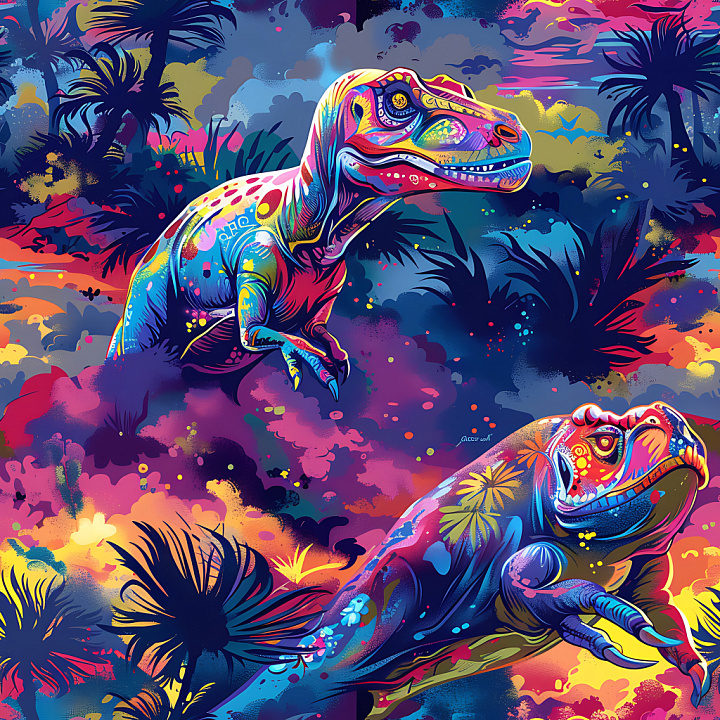 Graffiti Featuring Colorful Dinosaur Illustrations in a Jungle Scene seamless PBR texture preview