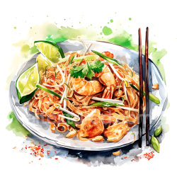 seamless Watercolor Pad Thai Breakfast Illustration with Shrimp and Lime texture 8k free download PBR