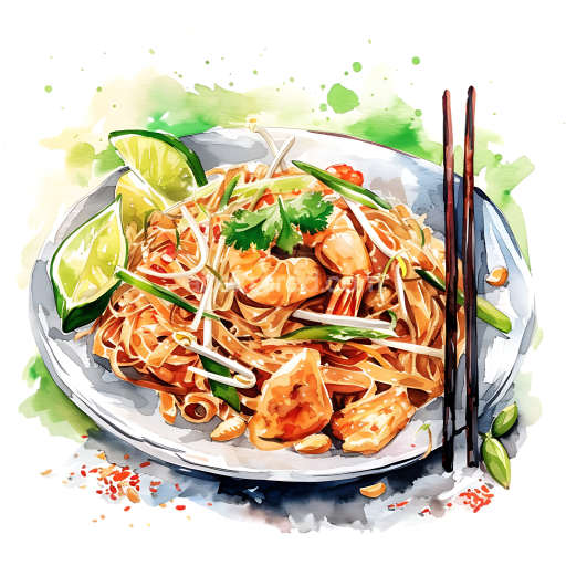 Watercolor Pad Thai Breakfast Illustration with Shrimp and Lime