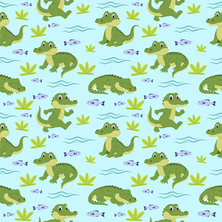 Pattern Featuring Playful Cartoon Crocodiles with Aquatic Motifs seamless PBR texture preview