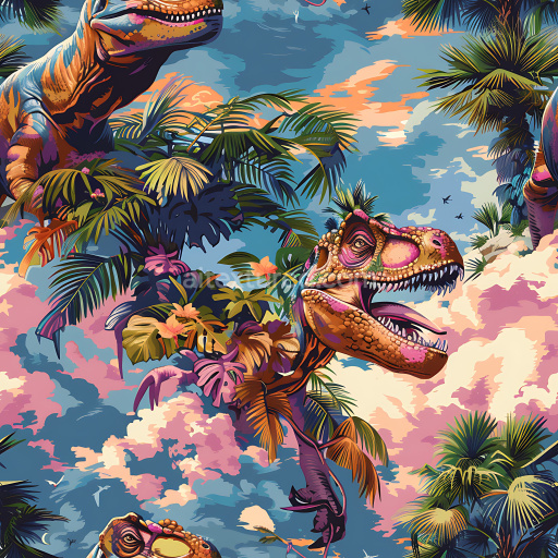 Preview — Seamless 3D PBR Graffiti Texture Featuring Colorful Dinosaur Mural with Tropical Foliage
