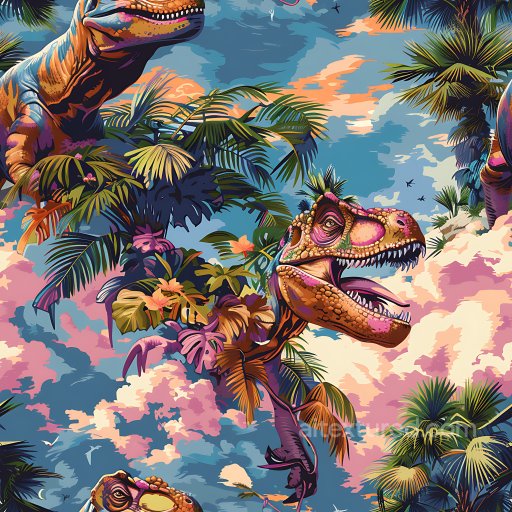 Seamless 3D PBR Graffiti Texture Featuring Colorful Dinosaur Mural with Tropical Foliage texture preview