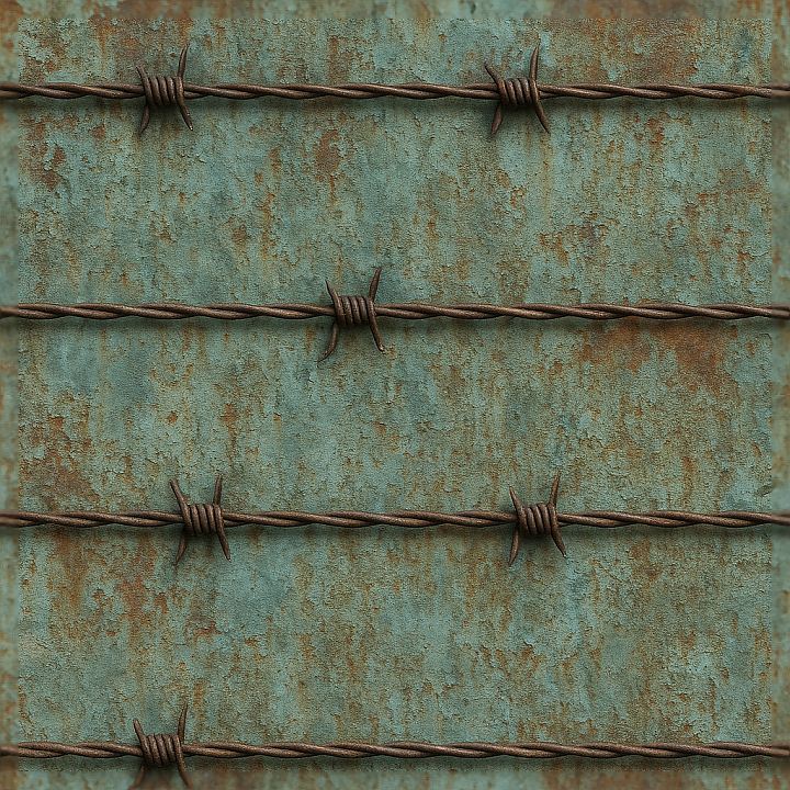 Barbed Wire Fence With Oxidized Metal And Weathered Paint Details seamless PBR texture preview
