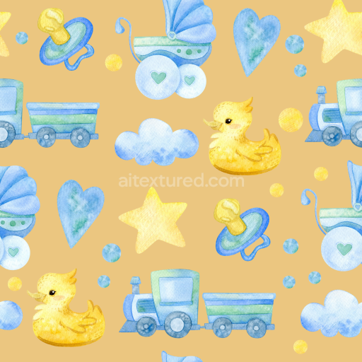 Seamless 3D PBR Texture of Watercolor Baby Boy Toys and Symbols Pattern