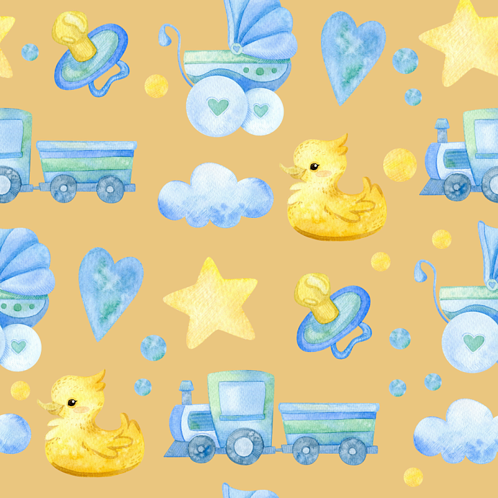 Watercolor Baby Boy Toys and Symbols Pattern seamless PBR texture preview