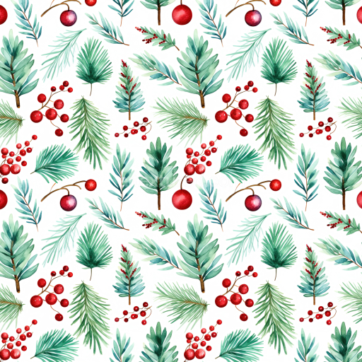 Seamless 3D PBR Watercolor Christmas Texture Featuring Festive Foliage and Ornaments