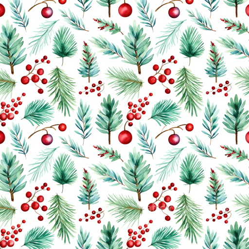 Watercolor Christmas Texture Featuring Festive Foliage and Ornaments seamless Watercolor Christmas PBR texture