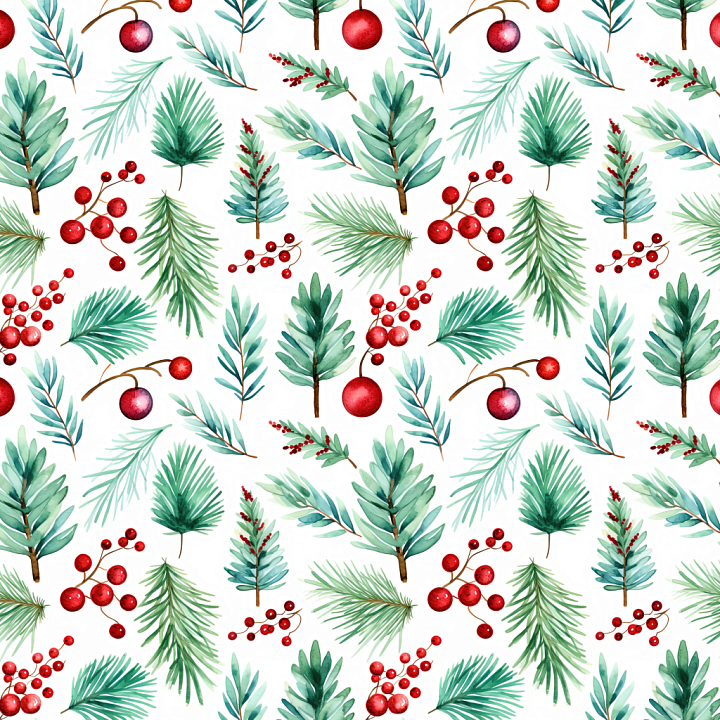 Watercolor Christmas Featuring Festive Foliage and Ornaments seamless PBR texture preview