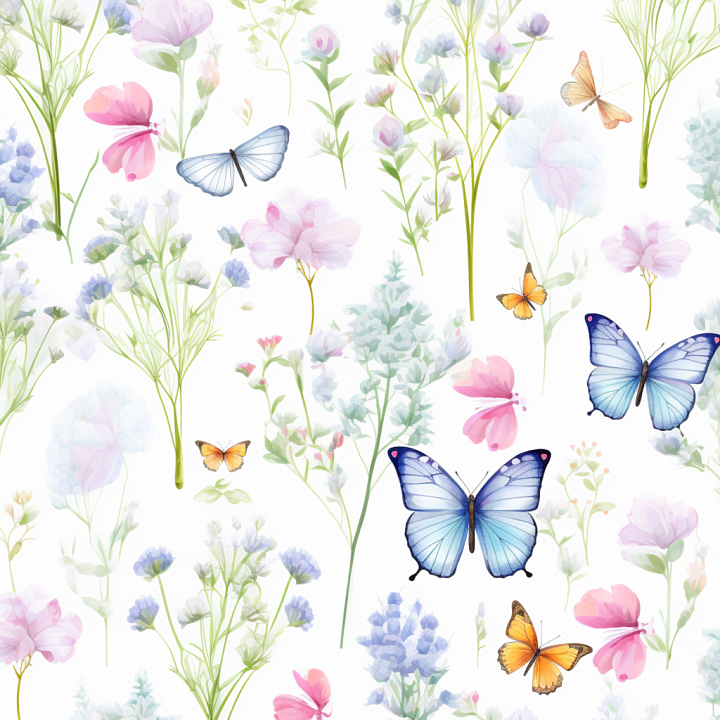 Delicate Watercolor Butterflies and Floral Patterns seamless PBR texture preview