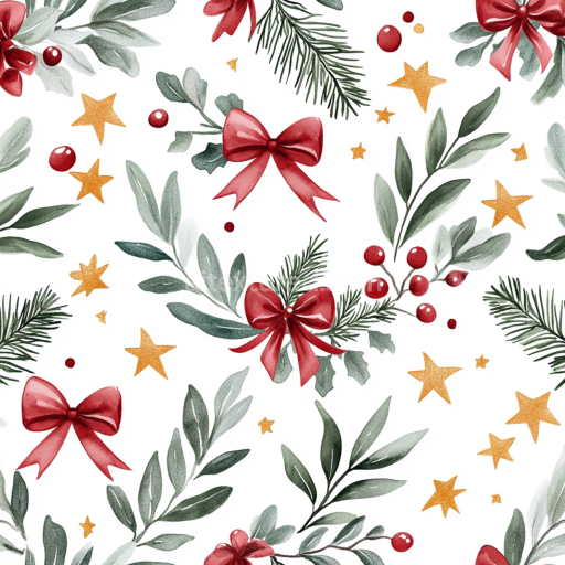 Seamless 3D PBR Watercolor Christmas Texture with Red Bows & Green Foliage