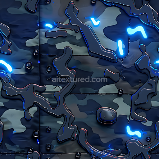 Seamless 3D Futuristic Urban Camouflage PBR Texture with Neon Highlights and Panel Details
