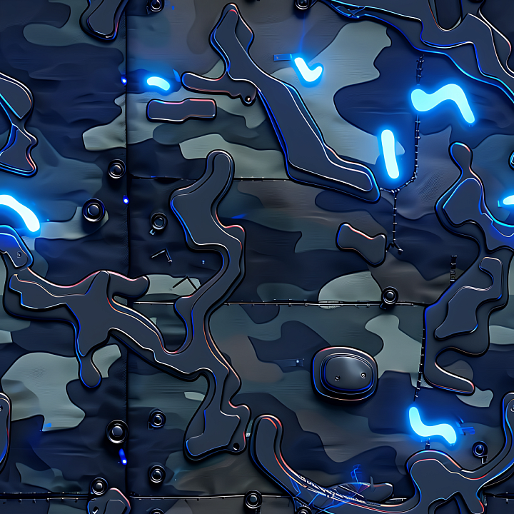 Futuristic Urban Camouflage with Neon Highlights and Panel Details seamless PBR texture preview