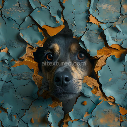 Seamless 3D PBR Cracked Blue Paint Texture Featuring Jagged, Torn Holes and Exposed Rusty Substrate