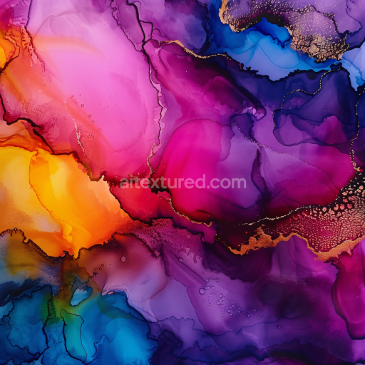 Seamless 3D Alcohol Ink PBR Texture Featuring Vibrant Purple and Gold Swirls with Fluid Movement