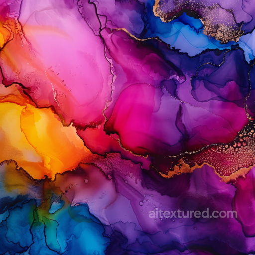 Alcohol Ink PBR Texture Featuring Vibrant Purple and Gold Swirls with Fluid Movement seamless Alcohol ink PBR texture