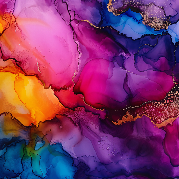 Alcohol Ink Featuring Vibrant Purple and Gold Swirls with Fluid Movement seamless PBR texture preview