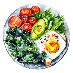 seamless Watercolor Breakfast Plate with Kale Salad, Avocado, Tomato, and Fried Egg texture 8k free download PBR
